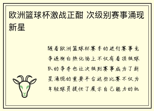 欧洲篮球杯激战正酣 次级别赛事涌现新星