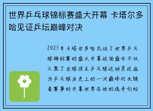 世界乒乓球锦标赛盛大开幕 卡塔尔多哈见证乒坛巅峰对决 世界乒乓球锦标赛盛大开幕 卡塔尔多哈见证乒坛巅峰对决
