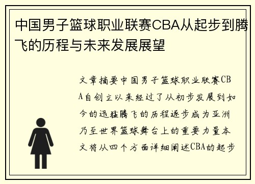 中国男子篮球职业联赛CBA从起步到腾飞的历程与未来发展展望 中国男子篮球职业联赛CBA从起步到腾飞的历程与未来发展展望