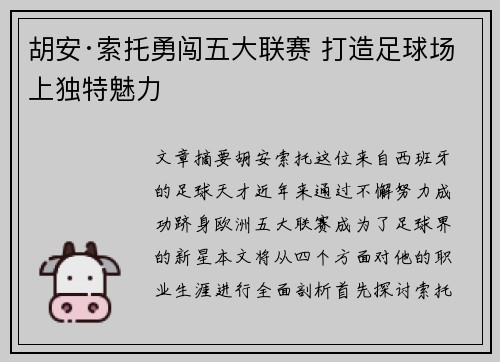 胡安·索托勇闯五大联赛 打造足球场上独特魅力 胡安·索托勇闯五大联赛 打造足球场上独特魅力